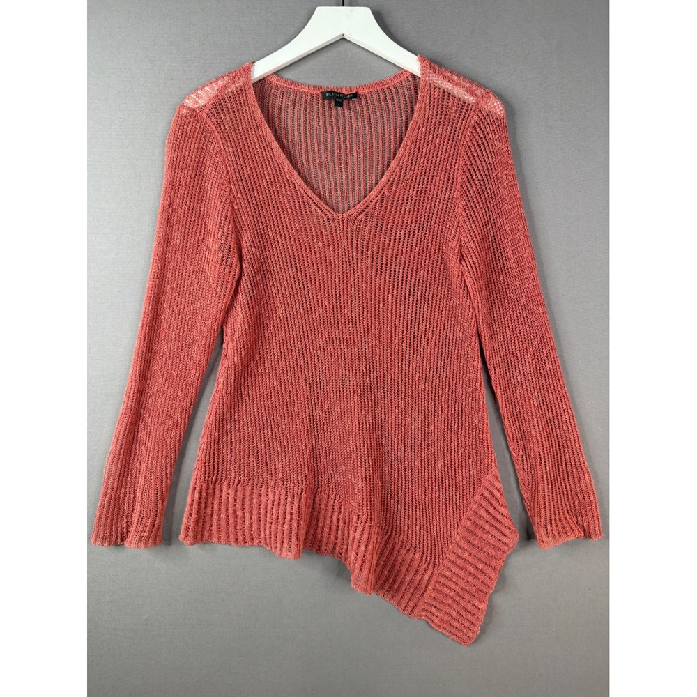 Eileen Fisher Sweater Womens S Coral Asymmetrical V-Neck Open Knit Linen Coastal
